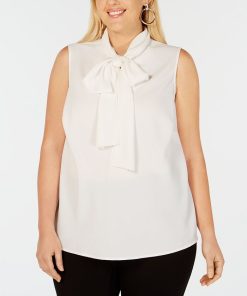 Bar III Trendy Plus Size Bow-Neck Blouse, Created For Macy's