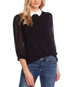 CeCe Women's Collared Clip-Dot Long Sleeve Knit Top