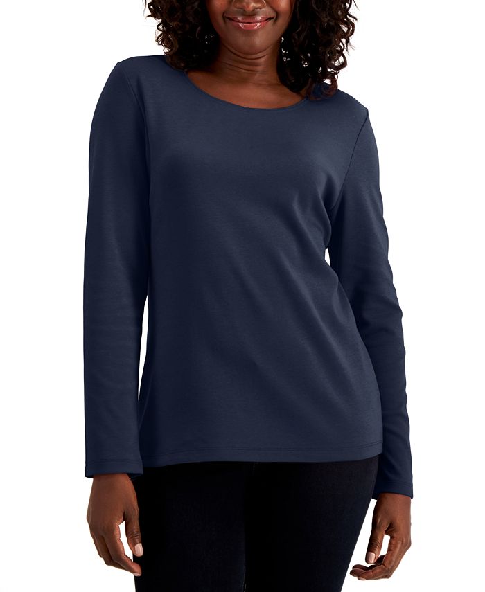Karen Scott Long Sleeve Cotton Scoop-Neckline Top, Created For Macy's 1 Karen Scott Long Sleeve Cotton Scoop-Neckline Top, Created For Macy's
