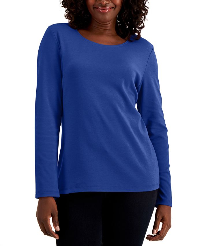Karen Scott Long Sleeve Cotton Scoop-Neckline Top, Created For Macy's 1 Karen Scott Long Sleeve Cotton Scoop-Neckline Top, Created For Macy's