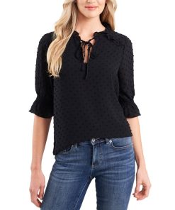 CeCe Women's Split-Neck Clip-Dot Elbow Sleeve Blouse