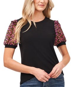 CeCe Women's Short Sleeve Floral Puff-Sleeve Knit Top