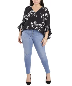 Vince Camuto Plus Size Flutter Sleeve Floral Whisps V-Neck Tunic -CeCe cloth-shop 18984582 fpx