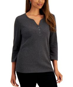 Karen Scott Cotton Henley V-Neck Top, Created For Macy's