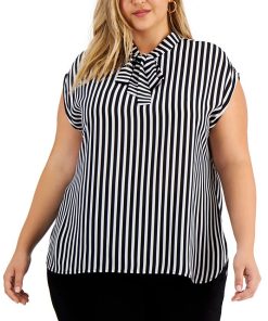 Bar III Trendy Plus Size Tie-Neck Striped Top, Created For Macy's