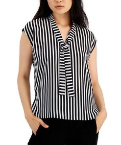 Bar III Women's Striped Tie-Neck Top, Created For Macy's -CeCe cloth-shop 19288829 fpx