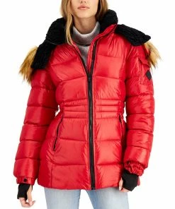 Steve Madden Juniors' Faux-Fur-Trim Hooded Shine Puffer Coat, Created For Macy's