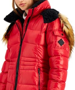 Steve Madden Juniors' Faux-Fur-Trim Hooded Shine Puffer Coat, Created For Macy's -CeCe cloth-shop 19475851 fpx