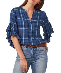 Vince Camuto Women's Plaid Ruffle-Sleeve Top