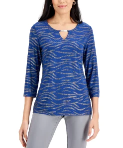JM Collection Glitter Zebra-Print Embellished-Keyhole Jacquard Top, Created For Macy's -CeCe cloth-shop 19531182 fpx