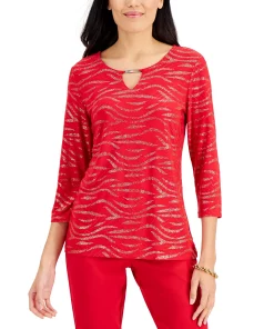 JM Collection Glitter Zebra-Print Embellished-Keyhole Jacquard Top, Created For Macy's -CeCe cloth-shop 19531184 fpx