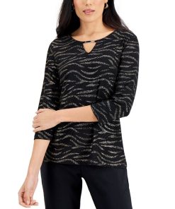 JM Collection Glitter Zebra-Print Embellished-Keyhole Jacquard Top, Created For Macy's