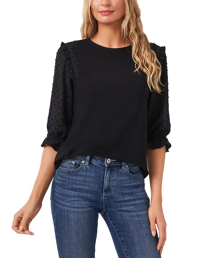 Women's Ruffle Mixed-Media Elbow Sleeve Blouse CeCe Women's Ruffle Mixed-Media Elbow Sleeve Blouse -CeCe cloth-shop