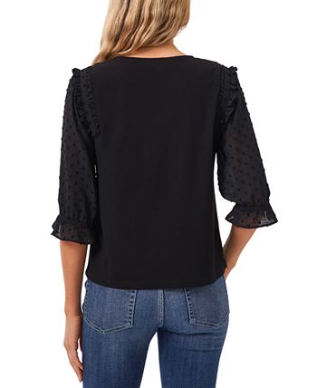 Women's Ruffle Mixed-Media Elbow Sleeve Blouse CeCe Women's Ruffle Mixed-Media Elbow Sleeve Blouse -CeCe cloth-shop