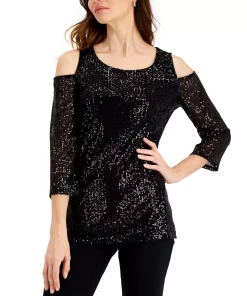 JM Collection Sequin Cold-Shoulder Top, Created For Macy's -CeCe cloth-shop 19787636 fpx