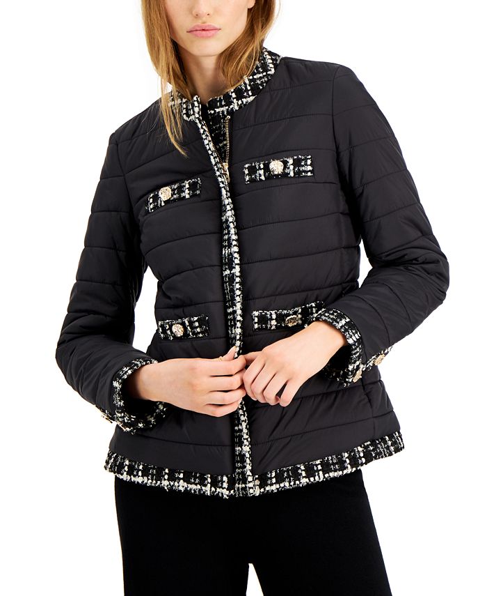 Anne Klein Quilted Tweed-Trim Puffer Jacket 1 Anne Klein Quilted Tweed-Trim Puffer Jacket