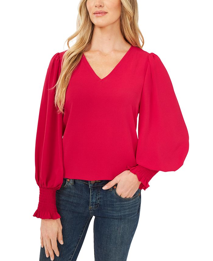 CeCe Women's Solid Smocked-Cuff V-Neck Charmeuse Blouse 1 CeCe Women's Solid Smocked-Cuff V-Neck Charmeuse Blouse