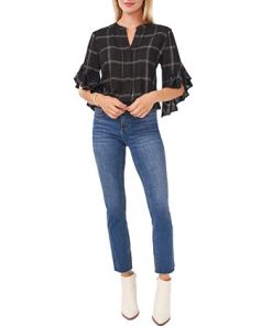 Vince Camuto Plaid Flutter-Sleeve Henley Blouse -CeCe cloth-shop 19884072 fpx