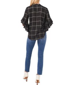 Vince Camuto Plaid Flutter-Sleeve Henley Blouse -CeCe cloth-shop 19884073 fpx