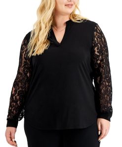 Kasper Plus Size Lace-Sleeve Split-Neck Top