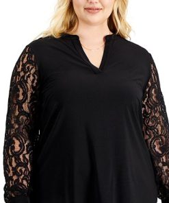 Kasper Plus Size Lace-Sleeve Split-Neck Top -CeCe cloth-shop 20073705 fpx