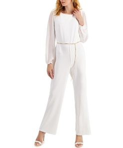 Connected Hain-Belt Sheer-Sleeve Jumpsuit