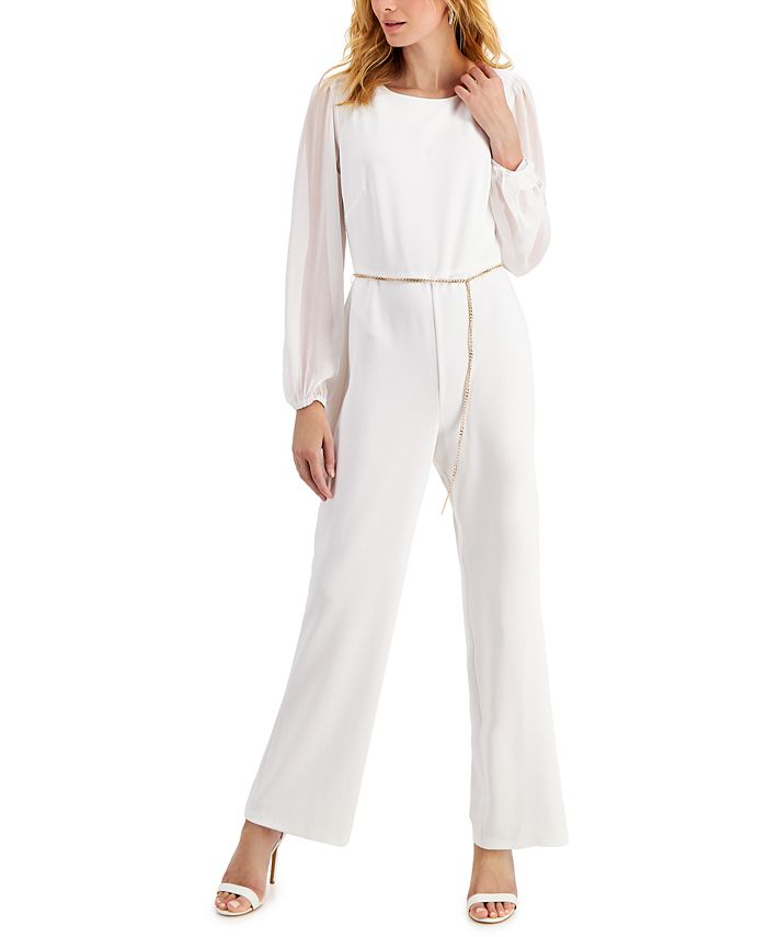 hain-Belt Sheer-Sleeve Jumpsuit Connected Hain-Belt Sheer-Sleeve Jumpsuit -CeCe cloth-shop