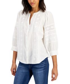 Charter Club Women's Woven Eyelet Cotton Blouse, Created For Macy's