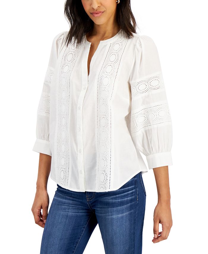 Women's Woven Eyelet Cotton Blouse, Created For Macy's Charter Club Women's Woven Eyelet Cotton Blouse, Created For Macy's -CeCe cloth-shop