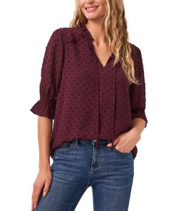 CeCe Split-Neck Clip-Dot Blouse