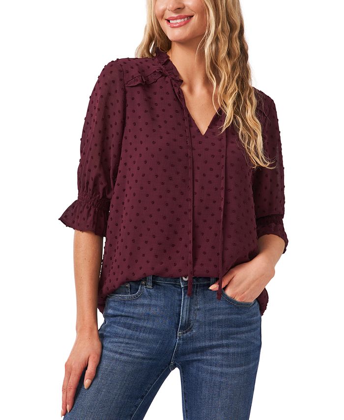 Split-Neck Clip-Dot Blouse CeCe Split-Neck Clip-Dot Blouse -CeCe cloth-shop