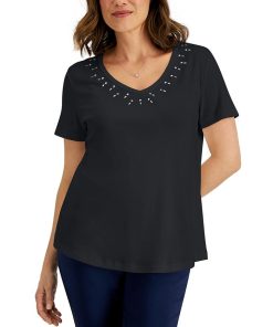 Karen Scott Women's Cotton Studded V-Neck Top, Created For Macy's