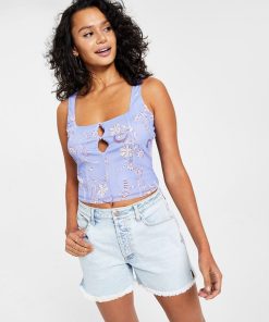 Bar III Women's Printed Cutout Mesh Top, Created For Macy's