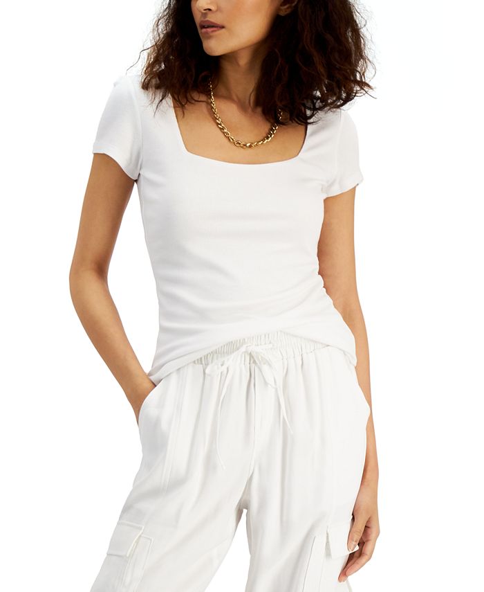 INC International Concepts Women's Ribbed Square-Neck T-Shirt, Created For Macy's 1 INC International Concepts Women's Ribbed Square-Neck T-Shirt, Created For Macy's