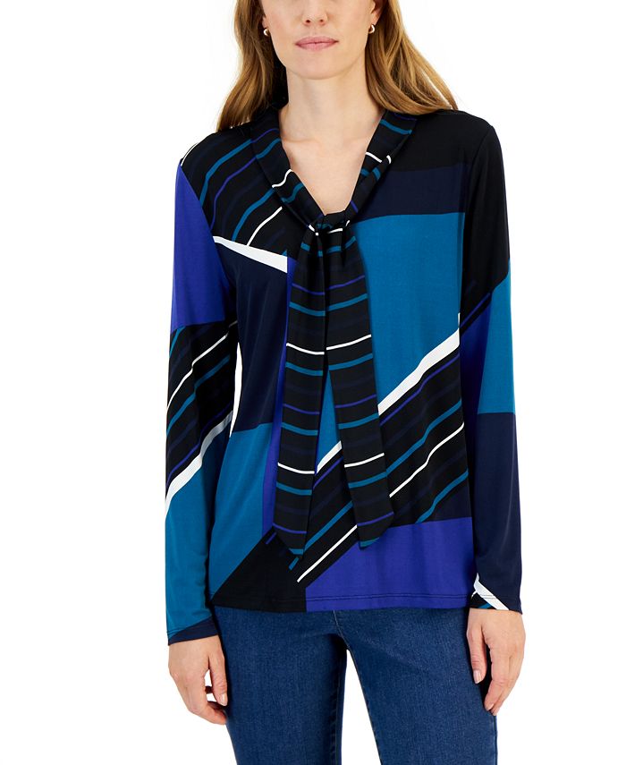 Charter Club Olorblock Tie Neck Blouse, Created For Macy's 1 Charter Club Olorblock Tie Neck Blouse, Created For Macy's