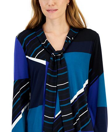 Charter Club Olorblock Tie Neck Blouse, Created For Macy's 3 Charter Club Olorblock Tie Neck Blouse, Created For Macy's - Image 3
