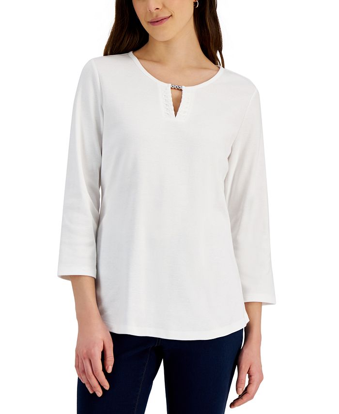 Karen Scott Women's Cotton Split-Neck Hardware Top, Created For Macy's 1 Karen Scott Women's Cotton Split-Neck Hardware Top, Created For Macy's