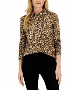Charter Club Women's Embellished Leopard Buttoned Top, Created For Macy's