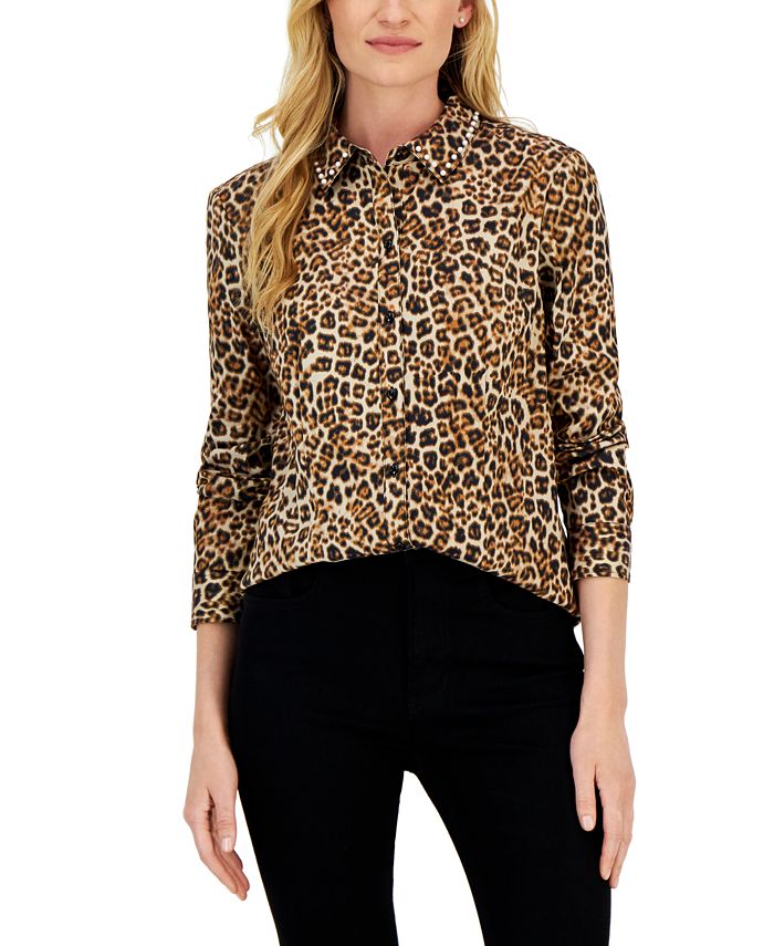 Women's Embellished Leopard Buttoned Top, Created For Macy's Charter Club Women's Embellished Leopard Buttoned Top, Created For Macy's -CeCe cloth-shop