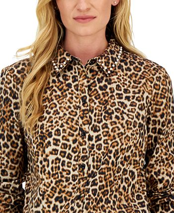 Women's Embellished Leopard Buttoned Top, Created For Macy's Charter Club Women's Embellished Leopard Buttoned Top, Created For Macy's -CeCe cloth-shop