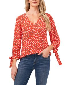 CeCe Women's Floral-Print Tie-Sleeve Top