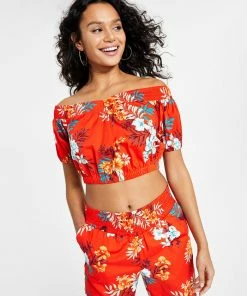 Bar III Women's Printed Off-The-Shoulder Smocked Top, Created For Macy's