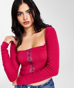 Bar III Women's Cropped Ribbed Long-Sleeve Corset Top, Created For Macy's -CeCe cloth-shop 21687790 fpx