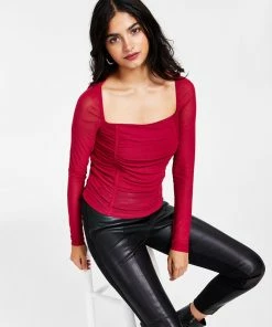 Bar III Women's Square-Neck Ruched Mesh Top, Created For Macy's