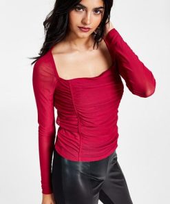 Bar III Women's Square-Neck Ruched Mesh Top, Created For Macy's -CeCe cloth-shop 21697411 fpx