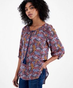 Bar III Women's Tie-Neck Tassel Tunic Top, Created For Macy's -CeCe cloth-shop 21711114 fpx