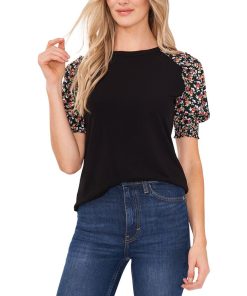 CeCe Women's Mixed-Media Puff-Sleeve Top