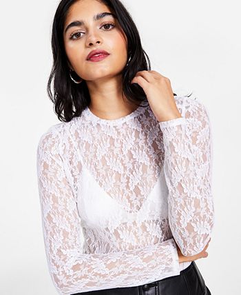 Women's Lace Long-Sleeve Bodysuit, Created For Macy's Bar III Women's Lace Long-Sleeve Bodysuit, Created For Macy's -CeCe cloth-shop