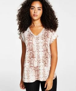 Bar III Women's Snake-Print Mesh-Trim V-Neck Top, Created For Macy's