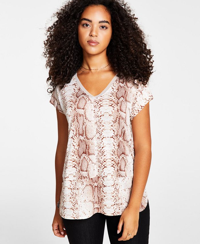 Women's Snake-Print Mesh-Trim V-Neck Top, Created For Macy's Bar III Women's Snake-Print Mesh-Trim V-Neck Top, Created For Macy's -CeCe cloth-shop